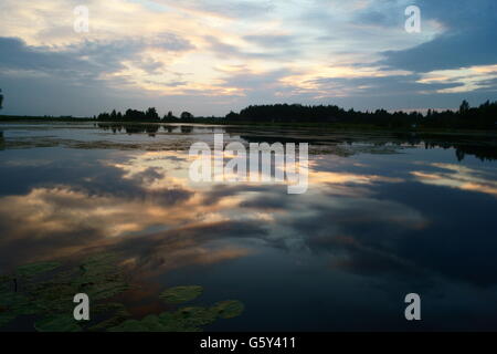 Joniskis, in der Nähe von Siauliai, Lt. 19. Juni 2016. Wolken bei Sonnenuntergang in der Nähe von Teich, Litauen. Stockfoto