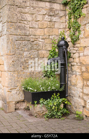 Alte gusseiserne Handpumpe Wasser und Trog mit Blumen auf der Straße in in Chipping Campden, Gloucestershire, England Stockfoto