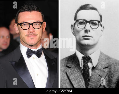 Datei-Fotos von Hollywood-Star Luke Evans (links), der den Drahtzieher des großen Eisenbahnraubs Bruce Reynolds (rechts) porträtieren soll, der von der BBC dramatisiert werden soll. Stockfoto