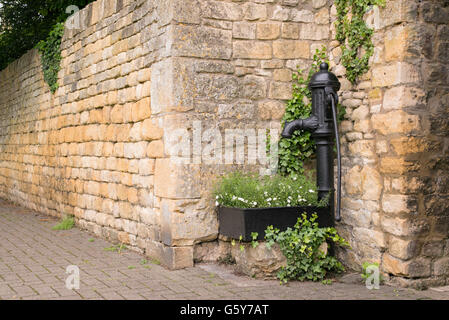 Alte gusseiserne Handpumpe Wasser und Trog mit Blumen auf der Straße in in Chipping Campden, Gloucestershire, England Stockfoto