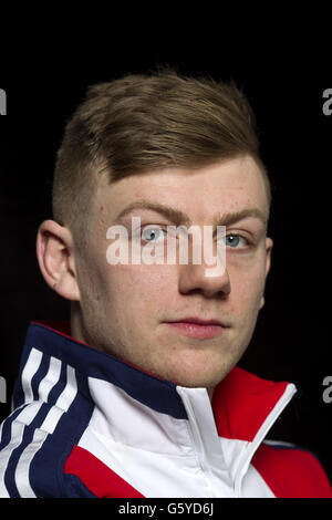 Großbritanniens Jack Whelbourne während des Short Track Speed Skating Media Day im National Ice Centre, Nottingham. Stockfoto