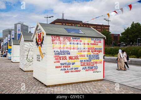 Gemalte Gartenschuppen; Kunst und Kunstwerke auf Beach Hut in Liverpool, Merseyside, Großbritannien. Im Albert Dock gelegen, wurden 20 mit Holz dekorierte, bemalte Strandhütten als eine rätselhafte Touristenattraktion in der Stadt platziert. Stockfoto