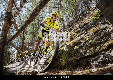 Nahaufnahme der Mann Athlet Radfahrer fährt Berg hinunter eine Holzbrücke Stockfoto