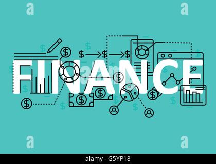 Flache Linie Konzeption mit Symbole und Elemente zu finanzieren. Modernen Finanztheorie Concept Vektoren Kollektion. Finanzen-Konzept-Schriftzug Stock Vektor