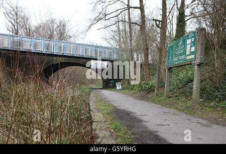 Ein Überblick über das, was von der Plattform am ehemaligen Bahnhof Cuckoo Line in Horam, East Sussex, übrig ist. Da die Passagierzahlen in den 1960er Jahren zurückgingen, wurde die Strecke im Beeching-Plan gestoppt und die Strecke nördlich von Hailsham im Juni 1965 für Passagiere gesperrt. Die ehemalige Strecke ist heute als Cuckoo Trail bekannt, ein 14-Meilen-Weg und Radweg, der weitgehend der ursprünglichen Eisenbahnlinie folgt. Stockfoto