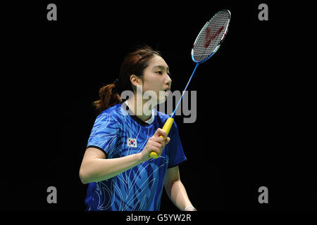 Südkoreas Sung Ji-Hyun am zweiten Tag der 2013 Yonex All England Badminton Championships in der National Indoor Arena, Birmingham. Stockfoto