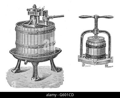 19. Jahrhundert-Abbildung: Herstellung von Wein, Industriemaschine, Trauben zu drücken. Stockfoto