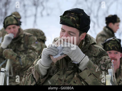 Marines frisst einige Rationen, während die Truppen an der Übung Hairspring 2013 teilnehmen, die sich auf das Überleben bei kaltem Wetter und das Kriegstraining für Royal Marines Commando-Reservisten in der Bergkette in der Nähe von Porsanger Garrison bei Lakselv, Norwegen, konzentriert. Stockfoto