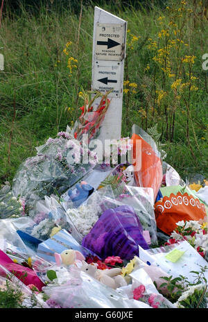 Blumen hinterließen am Standort in der Nähe von RAF Lakenheath, wo am Samstag zwei Leichen gefunden wurden. Die Polizei hat enthüllt, dass sie „so sicher wie möglich sind“, dass es sich bei den beiden Leichen um die vermissten 10-jährigen Jessica Chapman und Holly Wells handelt. Stockfoto