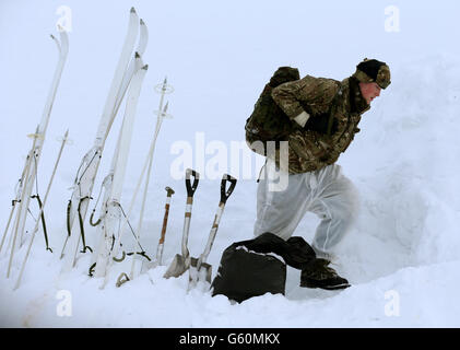 Ein Marineinfanterist verlässt sein Schneehöhlentraining während der Übungshurspring 2013, das sich auf das Überleben bei kaltem Wetter und das Kriegstraining für Royal Marines Commando-Reservisten in der Bergkette nahe Porsanger Garrison bei Lakselv, Norwegen, konzentriert. Stockfoto