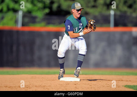 High School infielder an der zweiten Base für die Annahme einer werfen, bevor Sie ein Relais auf einem Doppelten - spielen versuchen. USA. Stockfoto