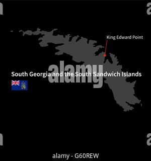 Detaillierte Karte von Süd-Georgien und Sandwich Islands Hauptstadt King Edward Point mit Flagge auf schwarzem Hintergrund Stock Vektor