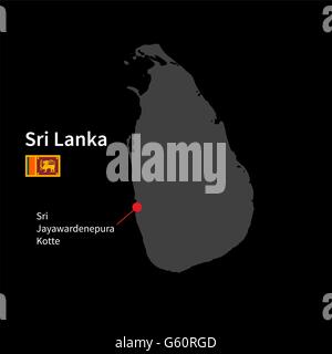 Detaillierte Karte von Sri Lanka und Hauptstadt Sri Jayawardenepura Kotte mit Flagge auf schwarzem Hintergrund Stock Vektor