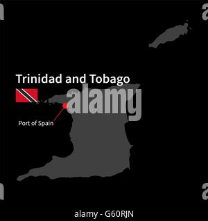 Detaillierte Karte von Trinidad und Tobago und Hauptstadt Port Of Spain mit Flagge auf schwarzem Hintergrund Stock Vektor