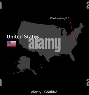 Detaillierte Karte der Vereinigten Staaten und die Hauptstadt Washington mit Flagge auf schwarzem Hintergrund Stock Vektor