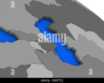 Karte der Kaukasus-Region am 3D-Modell der Erde mit Ländern in verschiedenen Schattierungen von grau und blauen Ozeanen. 3D illustration Stockfoto