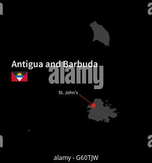 Detaillierte Karte von Antigua und Barbuda Hauptstadt St. John s mit Flagge auf schwarzem Hintergrund Stock Vektor