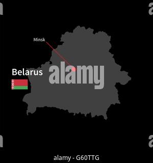 Detaillierte Karte von Belarus und Hauptstadt Minsk mit Flagge auf schwarzem Hintergrund Stock Vektor