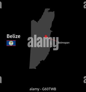 Detaillierte Karte von Belize und Hauptstadt Belmopan mit Flagge auf schwarzem Hintergrund Stock Vektor