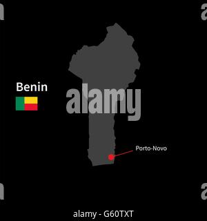 Detaillierte Karte von Benin und Hauptstadt Porto-Novo mit Flagge auf schwarzem Hintergrund Stock Vektor