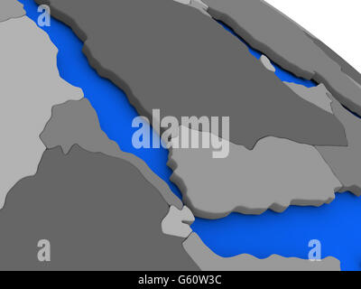 Karte von Jemen, Eritrea und Dschibuti auf 3D Modell der Erde mit Ländern in verschiedenen Schattierungen von grau und blauen Ozeanen. 3D illustratio Stockfoto