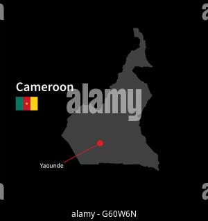 Detaillierte Karte von Kamerun und Hauptstadt Yaounde mit Flagge auf schwarzem Hintergrund Stock Vektor