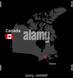 Detaillierte Karte von Kanada und Hauptstadt Ottawa mit Flagge auf schwarzem Hintergrund Stock Vektor