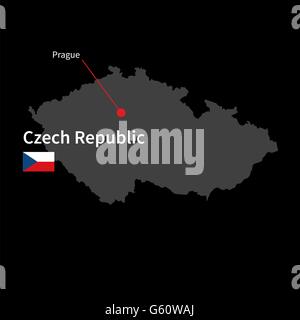 Detaillierte Karte der Tschechischen Republik und der Hauptstadt Prag mit Flagge auf schwarzem Hintergrund Stock Vektor