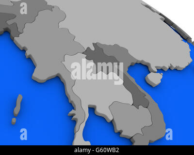 Karte von Myanmar am 3D-Modell der Erde mit Ländern in verschiedenen Schattierungen von grau und blauen Ozeanen. 3D illustration Stockfoto