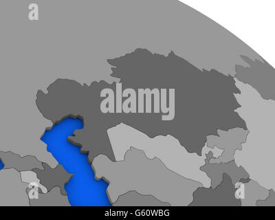 Karte von Kasachstan am 3D-Modell der Erde mit Ländern in verschiedenen Schattierungen von grau und blauen Ozeanen. 3D illustration Stockfoto