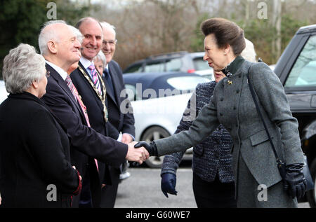 Die Prinzessin Royal schüttelt sich bei der Ankunft William McCrea MLA zur Konferenz „Reiten für Behinderte“ im Templeton Hotel in der Grafschaft Antrim die Hände. Stockfoto