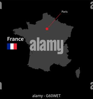 Detaillierte Karte von Frankreich und Hauptstadt Paris mit Flagge auf schwarzem Hintergrund Stock Vektor