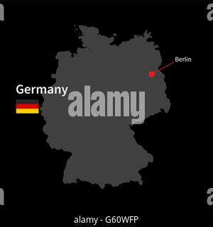Detaillierte Karte von Deutschland und Hauptstadt Berlin mit Flagge auf schwarzem Hintergrund Stock Vektor