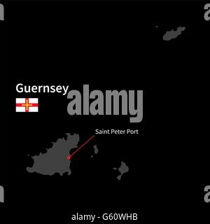 Detaillierte Karte von Guernsey und Hauptstadt Saint Peter Port mit Flagge auf schwarzem Hintergrund Stock Vektor