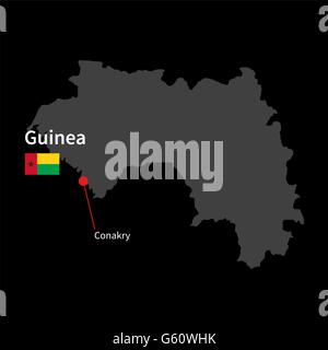 Detaillierte Karte von Guinea und Hauptstadt Conakry mit Flagge auf schwarzem Hintergrund Stock Vektor