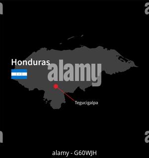 Detaillierte Karte von Honduras und Hauptstadt Tegucigalpa mit Flagge auf schwarzem Hintergrund Stock Vektor