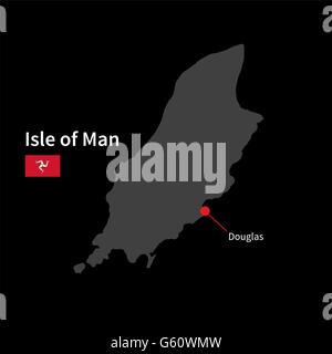 Detaillierte Karte der Isle Of Man und Hauptstadt Douglas mit Flagge auf schwarzem Hintergrund Stock Vektor
