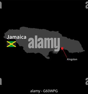 Detaillierte Karte von Jamaika und Hauptstadt Kingston mit Flagge auf schwarzem Hintergrund Stock Vektor