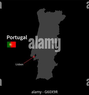 Detaillierte Karte von Portugal und Hauptstadt Lissabon mit Flagge auf schwarzem Hintergrund Stock Vektor