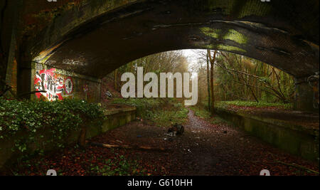 Graffiti, gemalt unter einer Brücke neben dem Fußweg, der dem ehemaligen Gleisbett der Meon Valley Railway (MVR) am Standort des Bahnhofs in West Meon in Hampshire folgt. Stockfoto