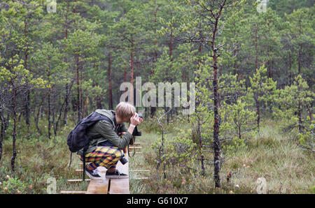 Ein junger Fotograf Aufnahmen der Landschaft in Kakerdaya Moor, Korvemaa, Estland Stockfoto