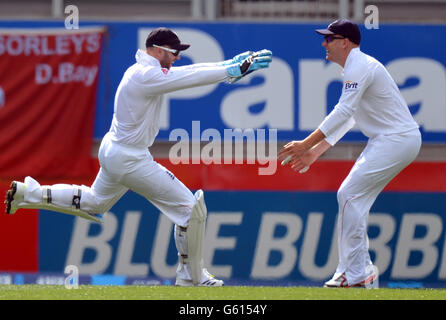 Englands Matt Prior (links) feiert den Fang von Neuseelands Peter Fulton (nicht abgebildet) mit Johnny Bairstow (rechts) am zweiten Tag des dritten Testmatches im Eden Park, Auckland, Neuseeland. Stockfoto