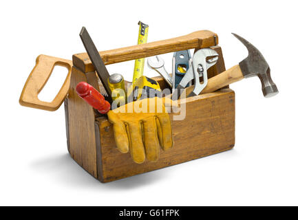 Alte hölzerne Werkzeugkasten voller Werkzeuge, Isolated on White Background. Stockfoto