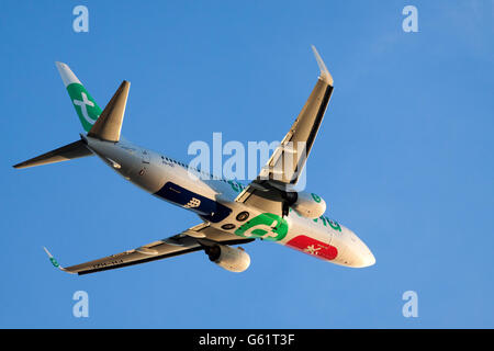 Amsterdam, Niederlande - 18. Februar 2015: Boeing 737-800 in der alten Lackierung von Transavia ist nur mit Passagieren abgenommen Stockfoto