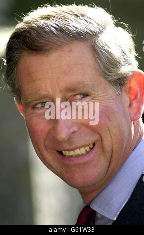 HRH Prince of Wales besucht den Alybyn Club in Aberdeen, wo er die Parade zum 60. Jahrestag der Parachute Regimental Association ansah. Prinz Charles wurde später mit einer Statuette eines Regimentalen Standardträgers überreicht. 30/09/02 : Prince of Wales, der hörte, wie Arbeitsvermittlungsregelungen einer der am stärksten benachteiligten Gemeinschaften des Vereinigten Königreichs zugute gekommen sind. Als Schutzpatron des Geschäfts in der Gemeinschaft besuchte der Prinz die Inland Revenue Büros in Bradford, wo der Vorsitzende des Inland Revenue, Sir Nicolas Montagu, dem Prinzen zeigte, wie Praktika und Graduiertenpraktika gewesen waren Stockfoto