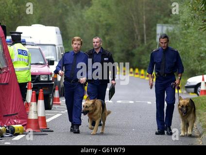 Polizei-Suchteams durchforsten Wälder um Yateley Heath in Hampshire, wo die Überreste der vermissten Schülerin Amanda Dowler gefunden wurden. Stockfoto