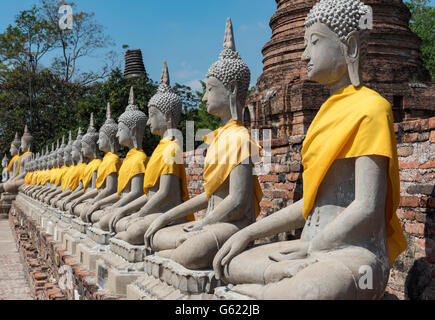 Reihe von Buddha Statuen, Wat Yai Chai Mongkons, buddhistische Tempelanlage, Provinz Ayutthaya, Thailand Stockfoto