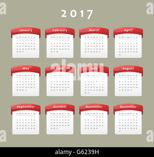 Kalender des Jahres 2017, Woche beginnt am Sonntag Stock Vektor