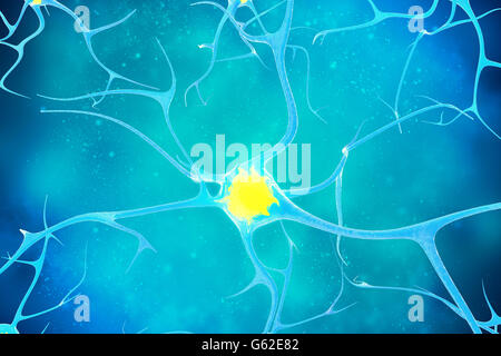 Neuron mit gelben Kern im Inneren. 3D Abbildung von hoher Qualität Stockfoto