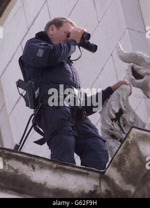 Ein bewaffneter Polizist steht nach einem Gedenkdienst und Gedenkfeier in der City of London unter der Wache der St. Paul's Cathedral. Danach trafen Prinz von Wales und Prinz Harry Verwandte der 67 britischen Opfer. Stockfoto